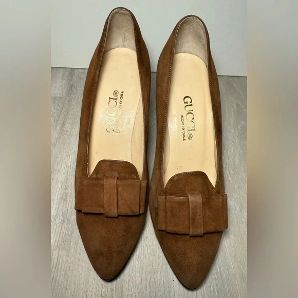 PRADA BROWN SUEDE BOW POINTED TOE MID HEEL CLASSIC PUMPS SZ 34 - Picture 10 of 16